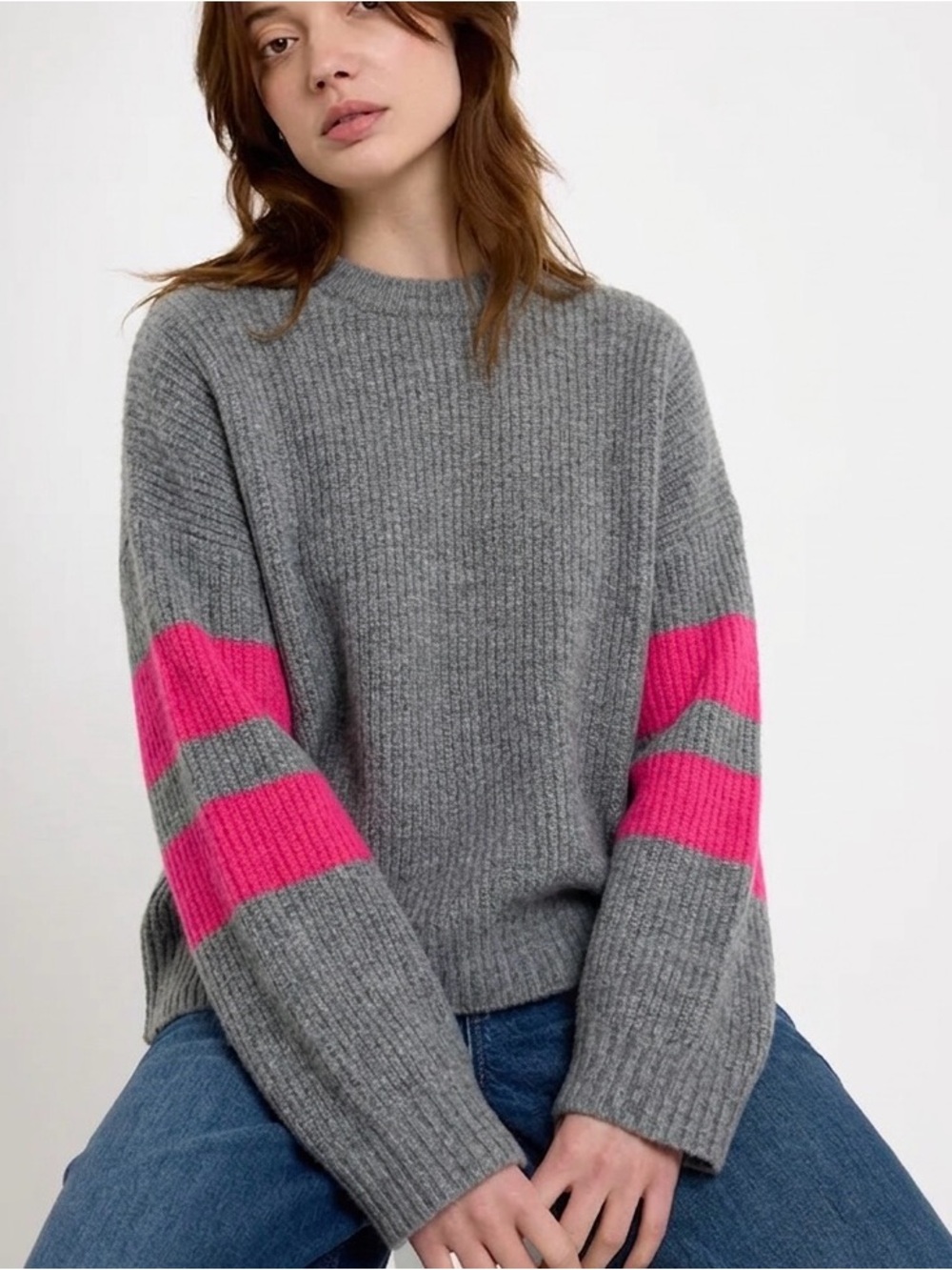 John + Jenn Gray Sweater with Pink Stripes - Women's Cozy Ribbed Pullover